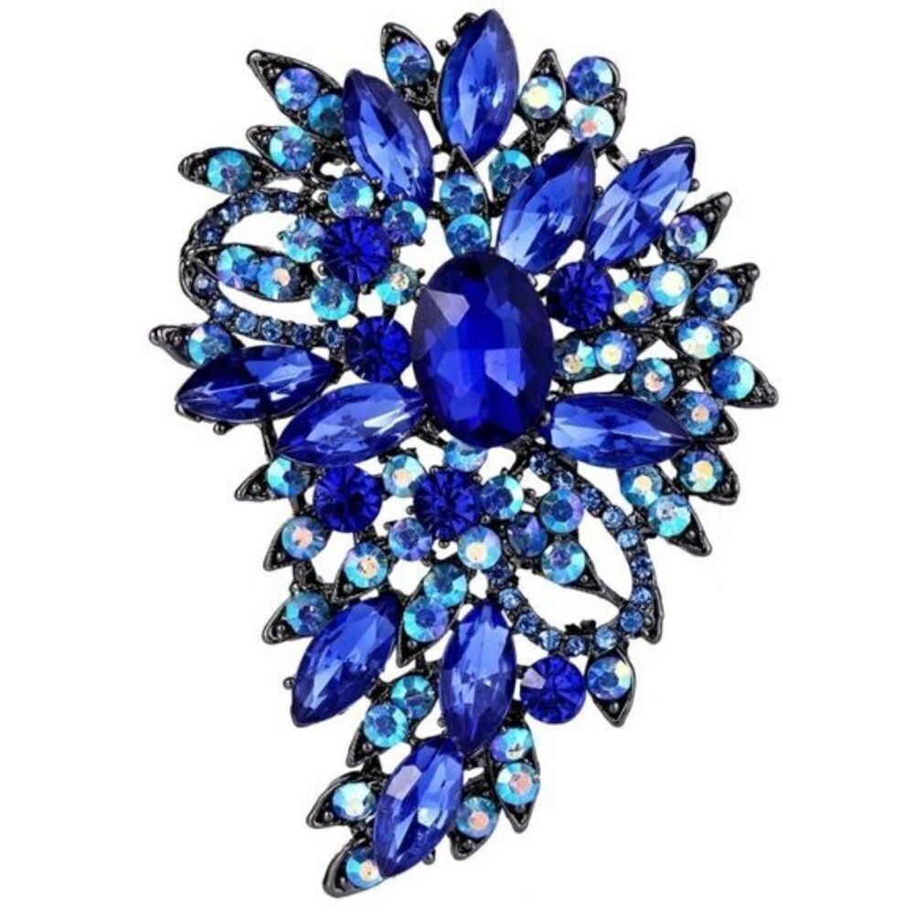 Black and Sapphire Blue Austrian Crystal Flower and Leaf Bouquet Brooch Pin